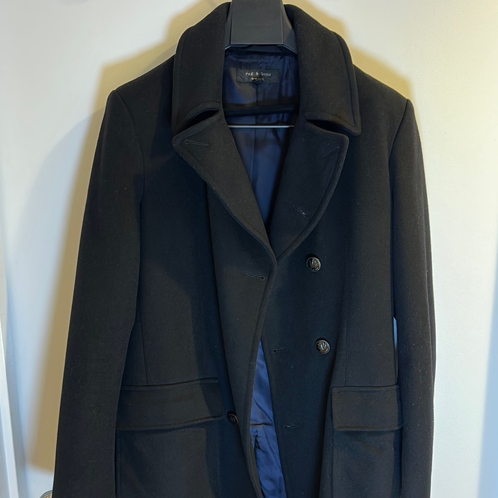 rag & bone Black Wool Overcoat with Notched Lapel